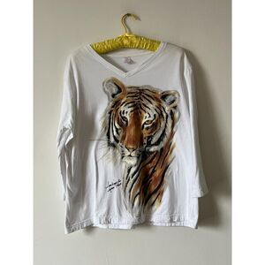 Tiger Painted Graphic San Diego Zoo T-shirt 3/4 Sleeve Cotton White XL Womens
